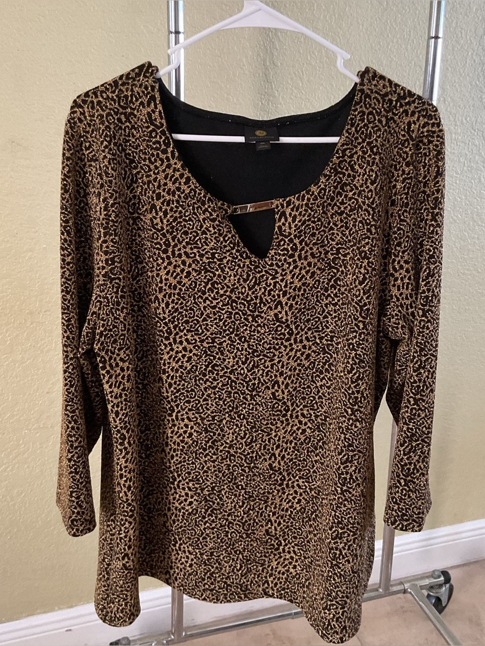 JM Collection Black and Gold Animal-Print Long Sleeve Blouse